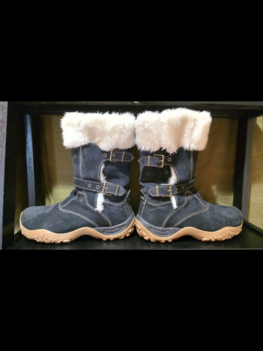 Salomon Black Suede Winter Boots with White Faux Fur Cuff